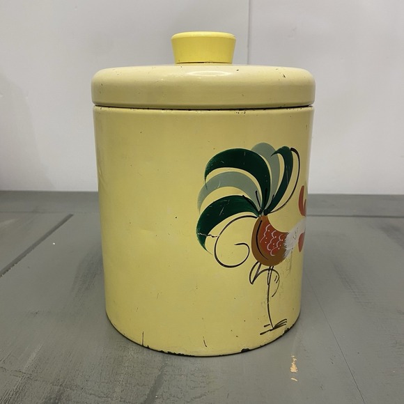Vintage RANSBURG coated metal YELLOW ROOSTER CANISTER farmhouse cottage - Picture 2 of 11